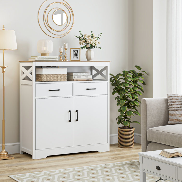 White accent cabinet with outlet drawers